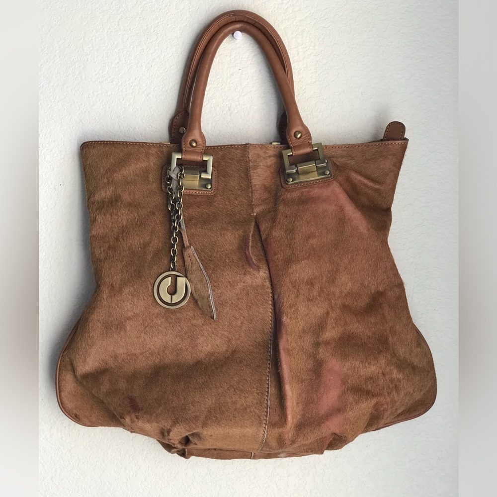Charles Jourdan Rare Genuine Cowhide Leather Boho Hobo Bag Double Handle Purse